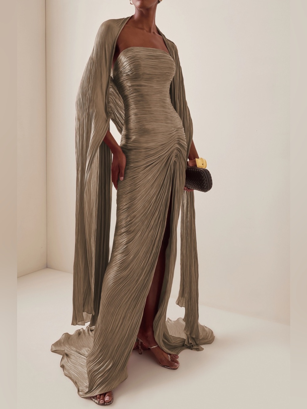 Marmar Halim style Elegant Strapless Ruched Cape Gown